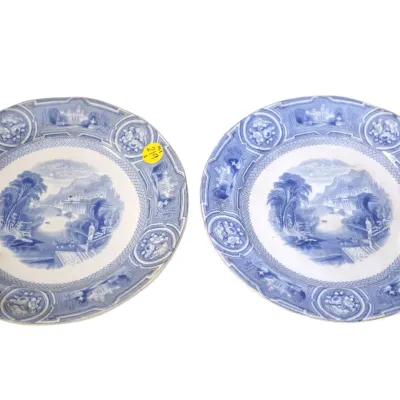 Sale Photo Thumbnail #246: ANTIQUE WEDGWOOD "CALIFORNIA" STAFFORDSHIRE FLOW BLUE PEARLWARE PLATES, SET OF 2