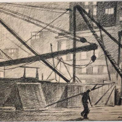 Sale Photo Thumbnail #11: MARTIN LEWIS (1881-1962) CHARCOAL CONSTRUCTION SITE