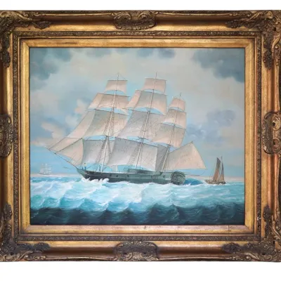 Sale Photo Thumbnail #180: LARGE MARITIME SEASCAPE WITH 3 MASTED CLIPPER SHIP OIL ON CANVAS