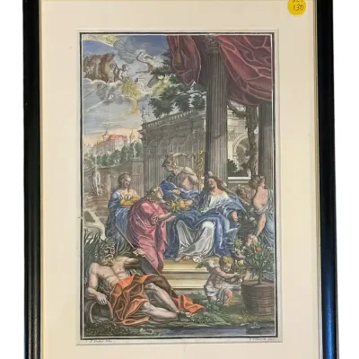 Sale Photo Thumbnail #152: HAND COLORED c 1708 BAROQUE ALLEGORY ENGRAVING by PAUL DECKER