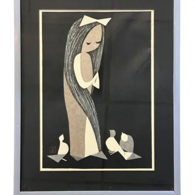 Sale Photo Thumbnail #62: MID CENTURY KAORU KAWANO WOODBLOCK PRINT GIRL WITH DOVES