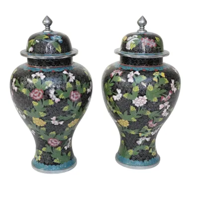 Sale Photo Thumbnail #268: PAIR OF VINTAGE BLACK FLORAL CLOISONNE GINGER JARS