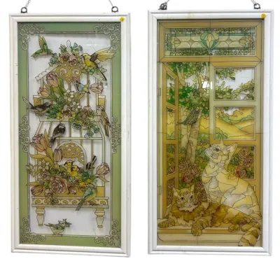 Sale Photo Thumbnail #204: PAIR JOAN BAKER DESIGNS STAINED GLASS 40" WINDOW PANELS