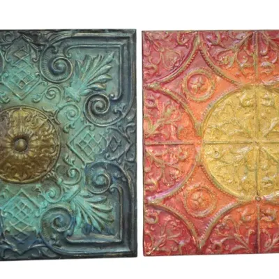 Sale Photo Thumbnail #111: 2 ANTIQUE AMERICAN HISTORIC TIN CEILING TILES WOOD MOUNTED