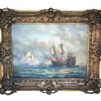Sale Photo Thumbnail #150: ANTIQUE DUTCH NAVAL BATTLE OIL ON CANVAS