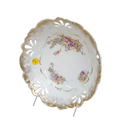 Sale Photo Thumbnail #17: Vintage Dresden Porcelain Hand Painted Pansy Bowl with Scalloped, Pierced Rim and Gilded Rim. 