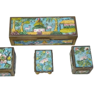 Sale Photo Thumbnail #49: 4 VINTAGE CHINESE CLOISONNE BRONZE STAMP BOXES