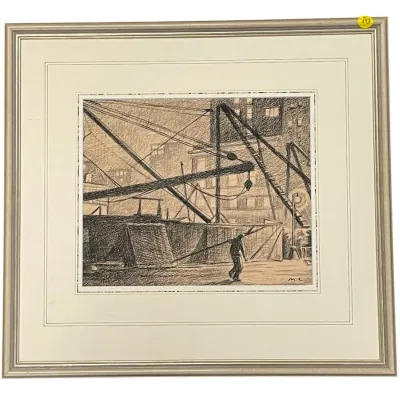 Sale Photo Thumbnail #226: MARTIN LEWIS (1881-1962) CHARCOAL CONSTRUCTION SITE ATTRIBUTED