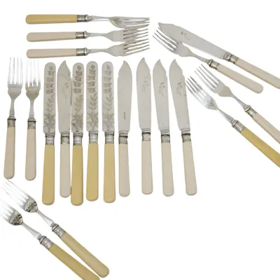 Sale Photo Thumbnail #21: 20 pc ANTIQUE ENGLISH FRUIT / FISH KNIVES & FORKS