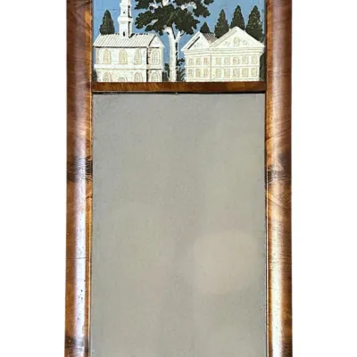 Sale Photo Thumbnail #145: 19th c FLAME MAHOGANY EGLOMISE TRUMEAU MIRROR
