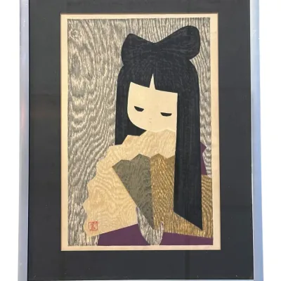 Sale Photo Thumbnail #90: MID CENTURY KAORU KAWANO WOODBLOCK PRINT GIRL WITH FAN