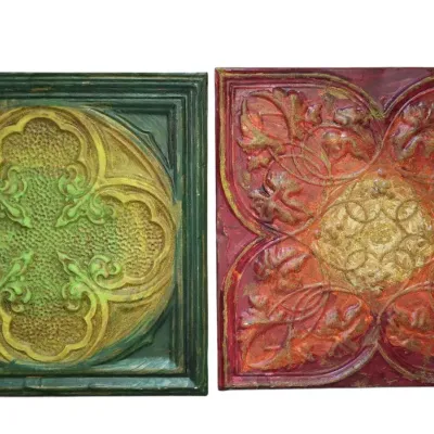 Sale Photo Thumbnail #153: 2 ANTIQUE AMERICAN HISTORIC TIN CEILING TILES WOOD MOUNTED