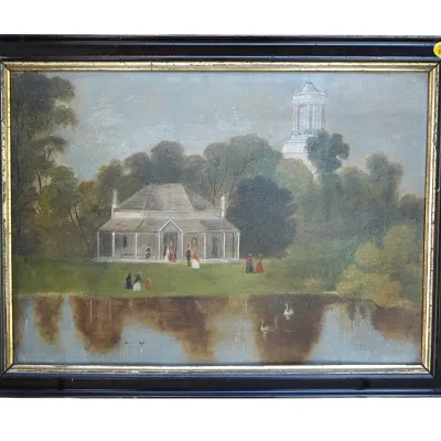 Sale Photo Thumbnail #99: ANTIQUE PRIMITIVE FOLK ART OIL PAINTING LAKESIDE PAVILLION