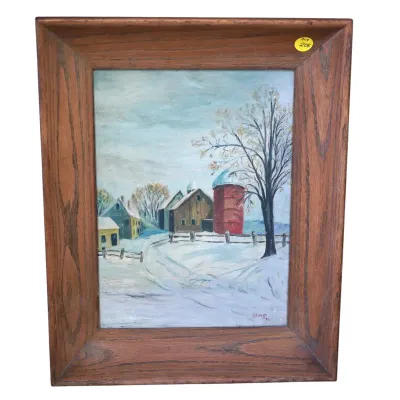 Sale Photo Thumbnail #236: VINTAGE MID CENTURY OIL ON BOARD FARM - F. BISHOP