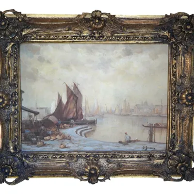 Sale Photo Thumbnail #125: DUTCH HARBOR SCENE OIL ON PANEL G. JANSSEN