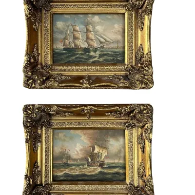 Sale Photo Thumbnail #88: PAIR DUTCH MARITIME OIL ON BOARD IN ORNATE FRAMES