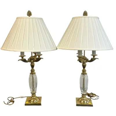 Sale Photo Thumbnail #186: PAIR CRYSTAL & BRASS 3 LIGHT CANDELABRA TABLE LAMPS