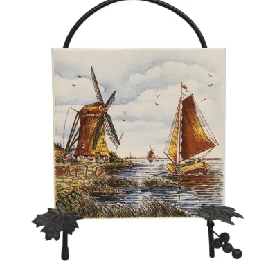 Sale Photo Thumbnail #14: VINTAGE DELFT TILE HAND PAINTED SAILBOAT & WINDMILL
