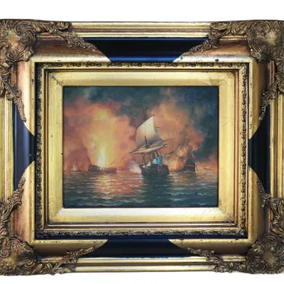 Sale Photo Thumbnail #59: DUTCH MARITIME BATTLE SCENE AT SEA OIL ON BOARD R. TRIER