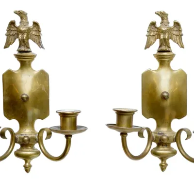 Sale Photo Thumbnail #94: PAIR AMERICAN EAGLE BRASS DOUBLE CANDLE WALL SCONCES