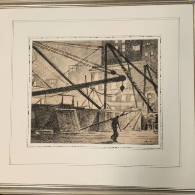 Sale Photo Thumbnail #10: MARTIN LEWIS (1881-1962) CHARCOAL CONSTRUCTION SITE