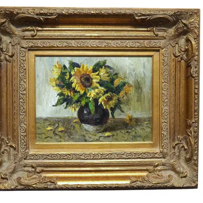 Sale Photo Thumbnail #201: ORIGINAL SUNFLOWERS IN VASE OIL PAINTING GILT FRAME