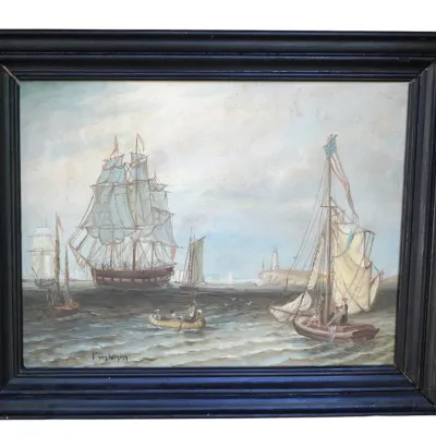 Sale Photo Thumbnail #168: DUTCH MARITIME COASTAL SEASCAPE WITH BOATS OIL ON BOARD