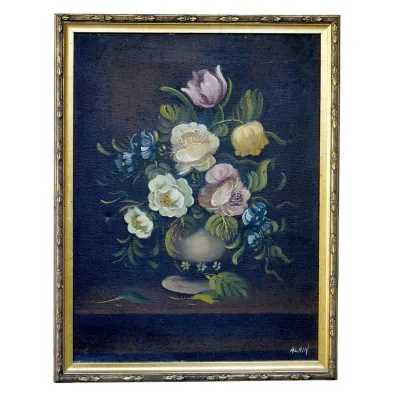 Sale Photo Thumbnail #57: MID CENTURY OIL ON CANVAS FLORAL STILL LIFE ALAIN