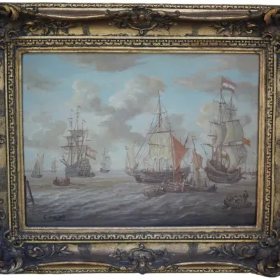 Sale Photo Thumbnail #214: DUTCH MARITIME EAST INDIA COMPANY SHIPS OIL IN ANTIQUE FRAME
