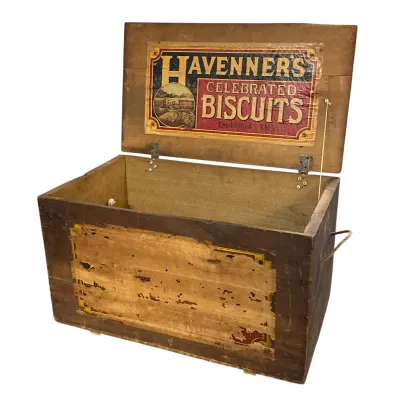 Sale Photo Thumbnail #48: ANTIQUE HAVENNER'S CELEBRATED BISCUITS WOOD CRATE / BOX