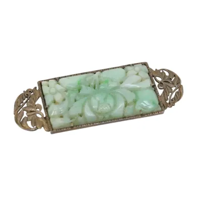 Sale Photo Thumbnail #114: ART DECO 1920S CARVED & INCISED JADEITE BROOCH