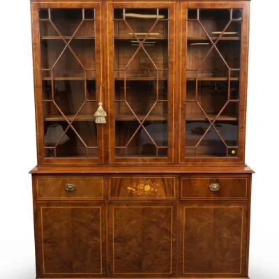 Sale Photo Thumbnail #137: GEORGE III STYLE ENGLISH INLAID FLAME MAHOGANY BOOKCASE