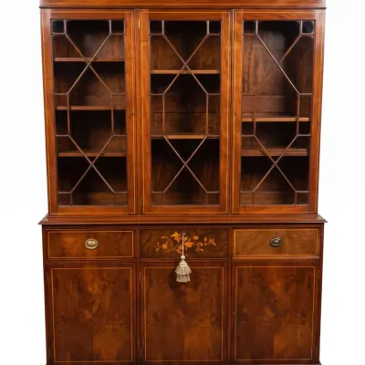 Sale Photo Thumbnail #202: GEORGE III STYLE ENGLISH INLAID FLAME MAHOGANY BOOKCASE. There are 2 offered in this auction