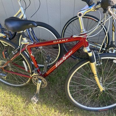 Sale Photo Thumbnail #13: Red Giant Eddie Bauer EB Spirit hybrid bicycle, alongside other bicycles including a Schwinn.