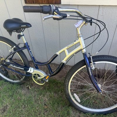 Sale Photo Thumbnail #12: Schwinn Jaguar step-through cruiser bicycle in blue and silver, featuring a padded seat and twist shifters.