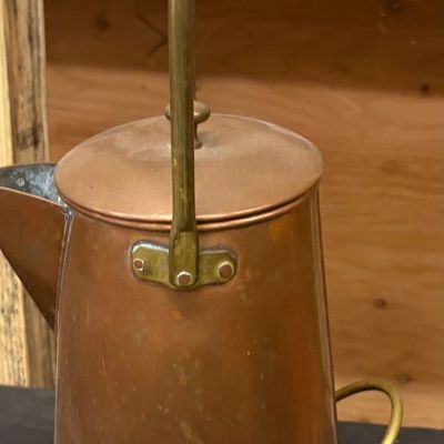 Sale Photo Thumbnail #19: Vintage copper and brass tall kettle featuring a high swing handle and side helper handle.