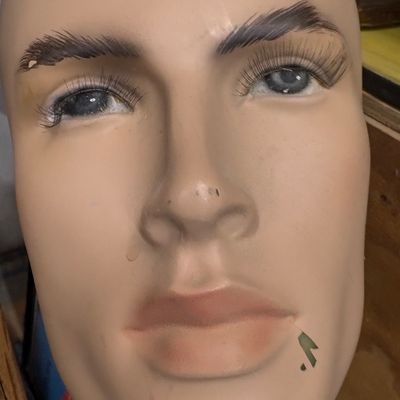 Sale Photo Thumbnail #42: Vintage mannequin head featuring painted eyebrows, realistic glass eyes with eyelashes, and minor surface wear near the chin.