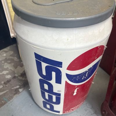 Sale Photo Thumbnail #31: Vintage Pepsi-Cola novelty can-shaped beverage cooler with pop-top styled lid and carry handle.