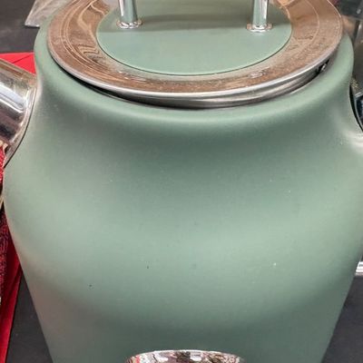 Sale Photo Thumbnail #15: Haden retro-style sage green electric kettle with chrome accents and built-in temperature gauge.