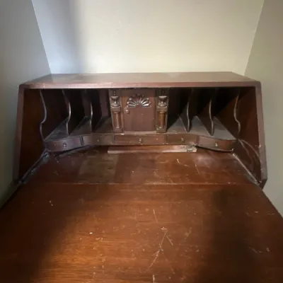 Vintage Chippendale style slant-front secretary desk (open view)