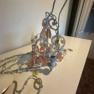 Vintage white metal mini chandelier featuring pink crystal tear drop prisms and beaded detailing