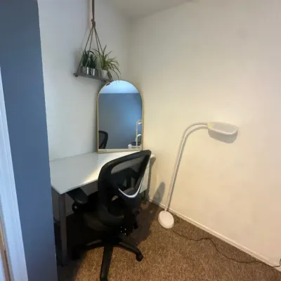 Modern white vanity desk set with a black ergonomic mesh office chair, an arched brass-framed mirror, and a gooseneck floor lamp.