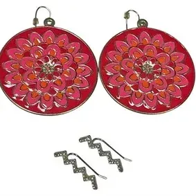Pair of large round red and pink enamel dahlia drop earrings shown alongside a smaller pair of silvertone zigzag ear crawlers.