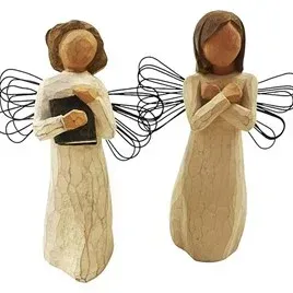 Pair of Willow Tree angel figurines by Susan Lordi, featuring wire loop wings and hand-painted resin construction.