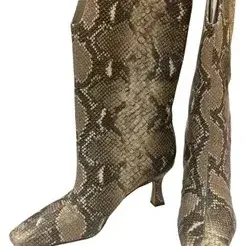 Pair of women's snakeskin print mid-calf boots featuring a pointed toe and kitten heel.