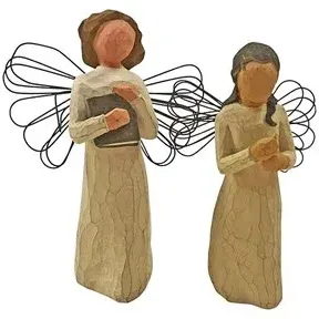 Pair of Willow Tree resin angel figurines featuring wire wings, with one holding a book and the other holding a small bird.