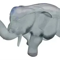 Vintage frosted light blue glass elephant trinket box with a removable lid and trunk raised for good luck.