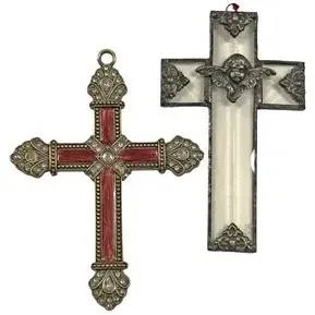 Pair of ornate decorative wall crosses, including a red enameled cross with rhinestone accents and a frosted glass cross featuring a...