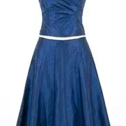 Two-piece deep blue satin cocktail ensemble featuring a surplice V-neck sleeveless top and a matching pleated A-line skirt.