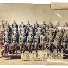 Vintage mid-20th-century panoramic group photograph of US Army soldiers, B Co. 8th Bn 2nd Brigade at the US Army Training Center, Fort...